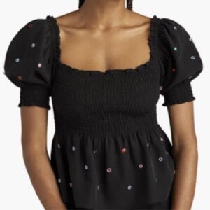 Hill House Jammie Jewel Crystal Stone Embellished Smocked Puff Sleeve Black Top